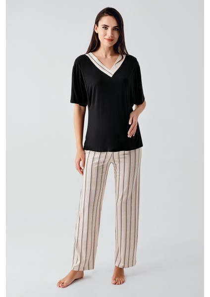 Kısa Kollu Çizgili Esnek Viskoz Hamile Sabahlık Pijama Takım 17302 fiyatları