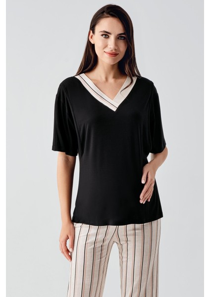 Kısa Kollu Çizgili Esnek Viskoz Hamile Sabahlık Pijama Takım 17302 fırsatları