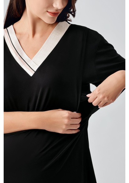 Kısa Kollu Çizgili Esnek Viskoz Hamile Sabahlık Pijama Takım 17302 indirimleri