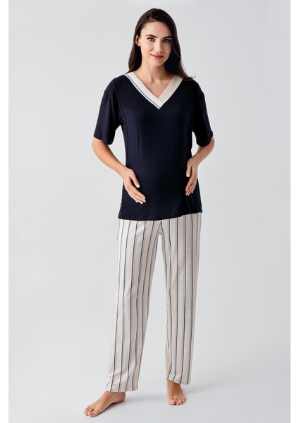 Kısa Kollu Çizgili Esnek Viskoz Hamile Sabahlık Pijama Takım 17302 fiyatları