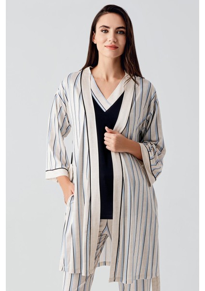 Kısa Kollu Çizgili Esnek Viskoz Hamile Sabahlık Pijama Takım 17302 modelleri