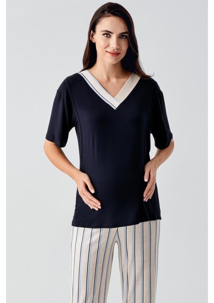 Kısa Kollu Çizgili Esnek Viskoz Hamile Sabahlık Pijama Takım 17302 fırsatları