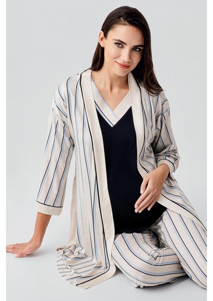 Kısa Kollu Çizgili Esnek Viskoz Hamile Sabahlık Pijama Takım 17302 indirimleri