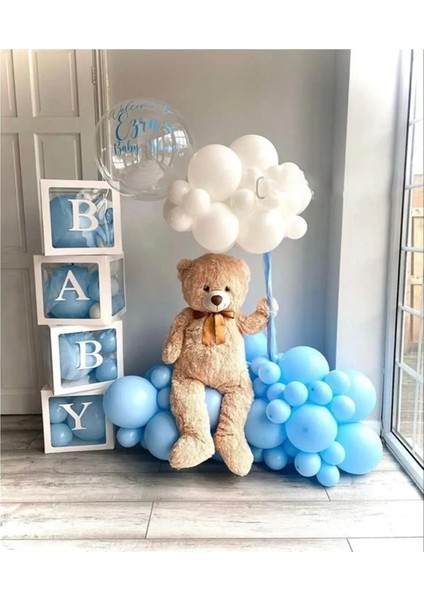 Baby Kutulu Mavi Beyaz Doğum Günü Seti Happy Bırthday