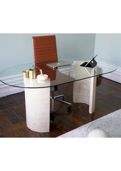 Auroracam-Traverten Mermer Yarım Ay Ayaklı Çalışma, Ofis Masası