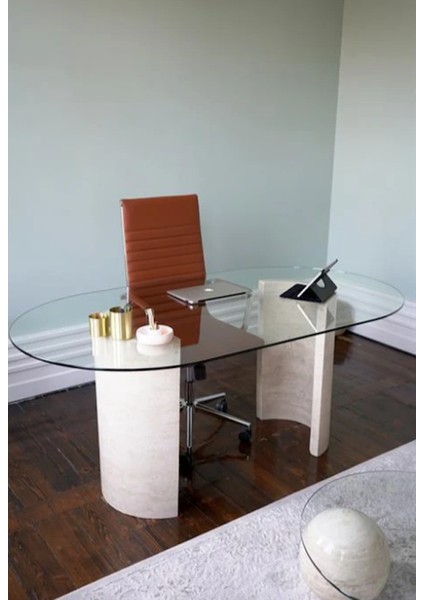 Auroracam-Traverten Mermer Yarım Ay Ayaklı Çalışma, Ofis Masası fiyatları