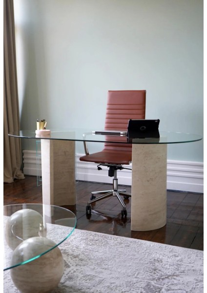 Auroracam-Traverten Mermer Yarım Ay Ayaklı Çalışma, Ofis Masası modelleri