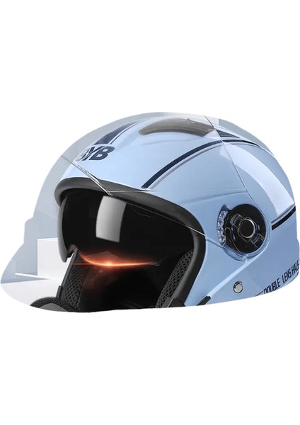 Erkekler ve Kadınlar Için Motosiklet Açık Yüz Kaskı Çift Lensli Güneşlik Yüz Kalkanı Üst Hafif Scooter Bisiklet Retro 3/4 Kask Renk:buz Kristal Mavisi (Yurt Dışından)