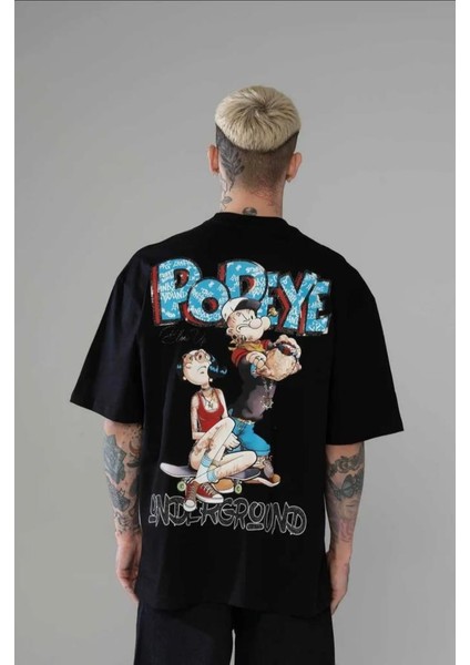 Unisex Oversize Popeye T-Shirt Siyah