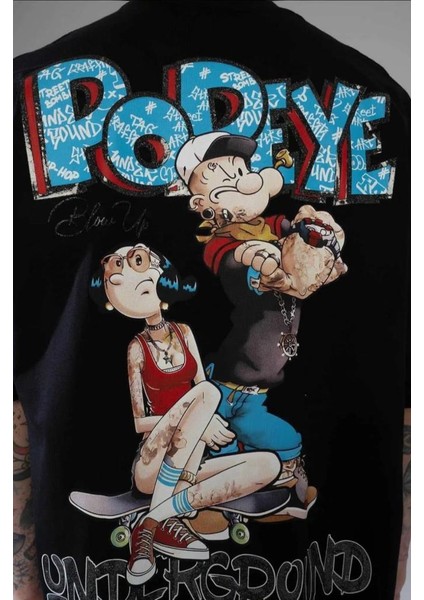 Unisex Oversize Popeye T-Shirt Siyah fiyatları
