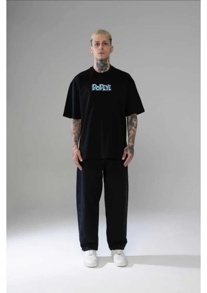 Unisex Oversize Popeye T-Shirt Siyah modelleri