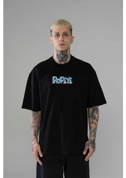 Unisex Oversize Popeye T-Shirt Siyah fırsatları