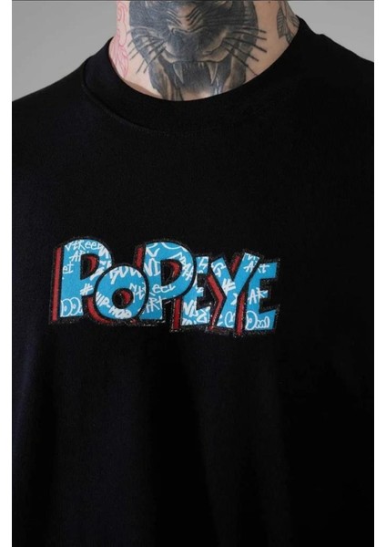 Unisex Oversize Popeye T-Shirt Siyah indirimleri