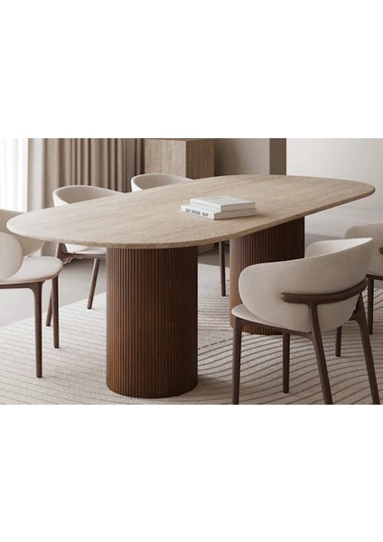 Tirtika- Ahşap Ayak Traverten Mermer Yemek Masası