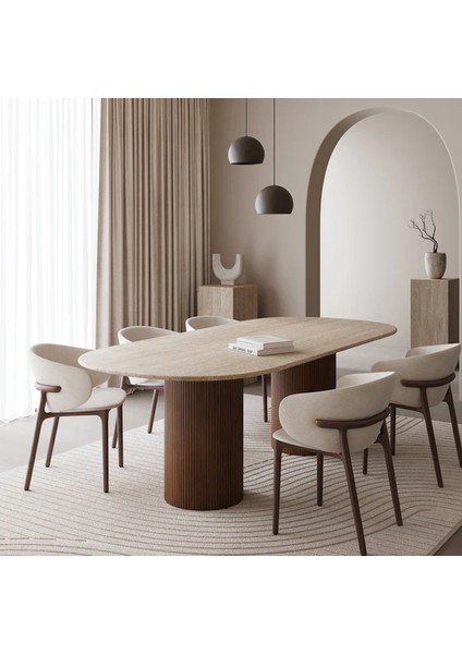 Tirtika- Ahşap Ayak Traverten Mermer Yemek Masası fiyatları