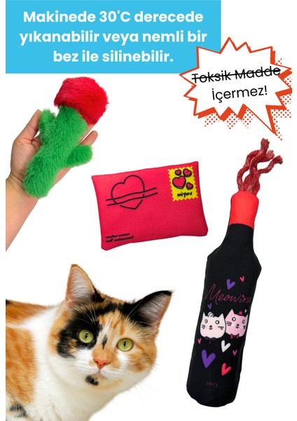 Mırr Love You Peluş Kedi Oyuncak Seti Hışırtılı Şişe İçecek, Mama Saklamalı Gül, Çıngıraklı Mektup