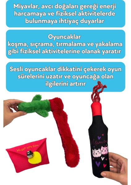 Mırr Love You Peluş Kedi Oyuncak Seti Hışırtılı Şişe İçecek, Mama Saklamalı Gül, Çıngıraklı Mektup
