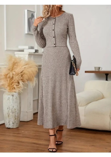 Kadın Bisiklet Yaka Düğmeli Uzun Kollu Bluz ve Yüksek Bel Uzun Etek Şardonlu Kaşkorse Ikili Takım