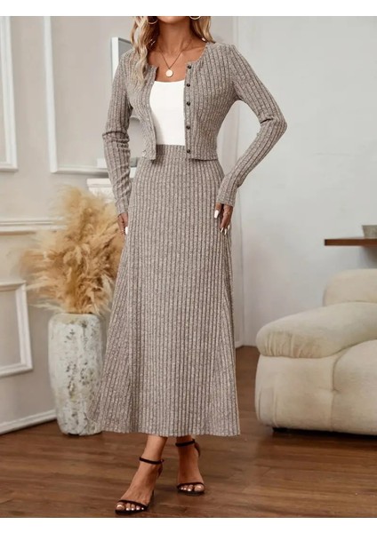 Kadın Bisiklet Yaka Düğmeli Uzun Kollu Bluz ve Yüksek Bel Uzun Etek Şardonlu Kaşkorse Ikili Takım modelleri