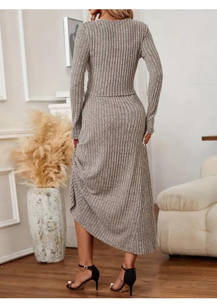 Kadın Bisiklet Yaka Düğmeli Uzun Kollu Bluz ve Yüksek Bel Uzun Etek Şardonlu Kaşkorse Ikili Takım indirimleri