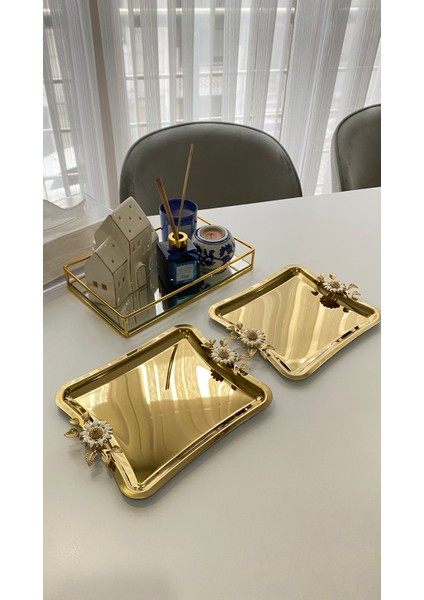 2'Li Kahve & Çay & Sunum Tepsisi Çelik Gold Tepsi Papatya Model