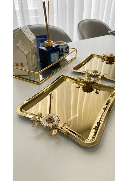 2'Li Kahve & Çay & Sunum Tepsisi Çelik Gold Tepsi Papatya Model