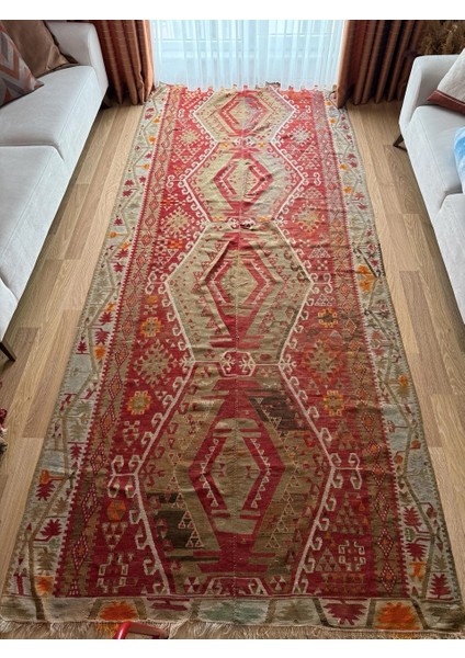 165X375 cm Büyük Boy Antik Türk Kilimi, El Dokuma Vintage Anadolu Kilimi, Geleneksel Yün Kilim, Dekoratif Alan Halısı