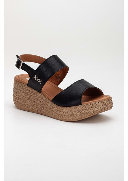 Kadın Deri Bantlı Dolgu Topuk Sandalet - Siyah fırsatları