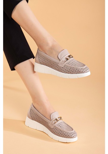 Kadın Deri Günlük Lazerli Tokalı Rahat Ayakkabı - Silvergrey