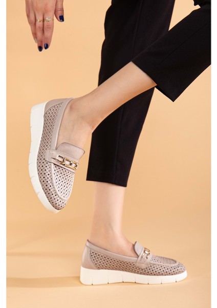 Kadın Deri Günlük Lazerli Tokalı Rahat Ayakkabı - Silvergrey fiyatları