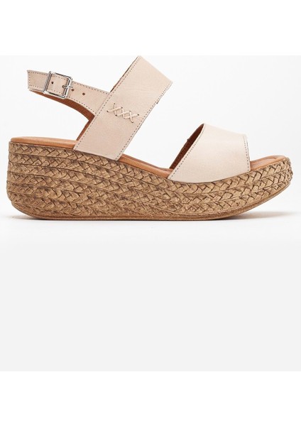 Kadın Deri Bantlı Dolgu Topuk Sandalet - Bej modelleri