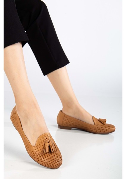 Kadın Deri Baskılı Püsküllü Babet - Taba