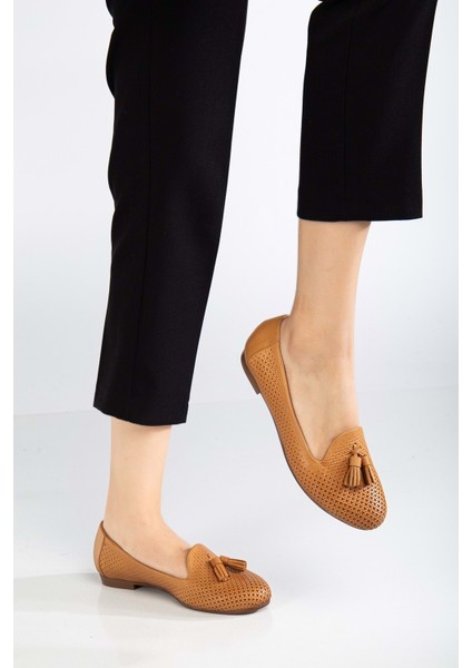 Kadın Deri Baskılı Püsküllü Babet - Taba fiyatları