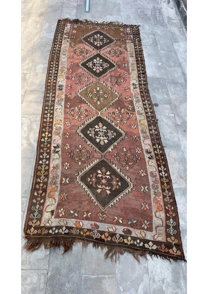 158 x 396 cm Büyük Boy Kahverengi Türk Halısı, Zarif Yumuşak Yolluk, El Dokuma Yün 74 Yıllık Vintage Halı fiyatları