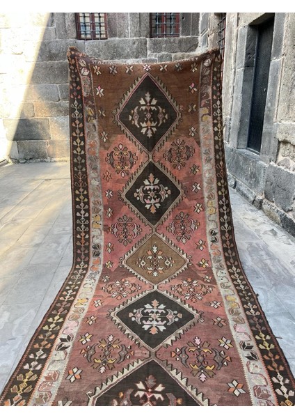 158 x 396 cm Büyük Boy Kahverengi Türk Halısı, Zarif Yumuşak Yolluk, El Dokuma Yün 74 Yıllık Vintage Halı modelleri