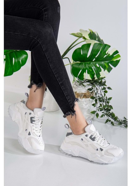 Kadın Yüksek Taban Sneaker Bağcıklı Spor Ayakkabı - Beyaz