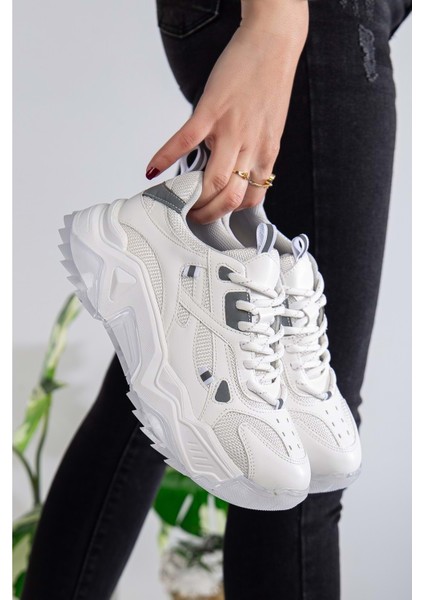 Kadın Yüksek Taban Sneaker Bağcıklı Spor Ayakkabı - Beyaz fiyatları