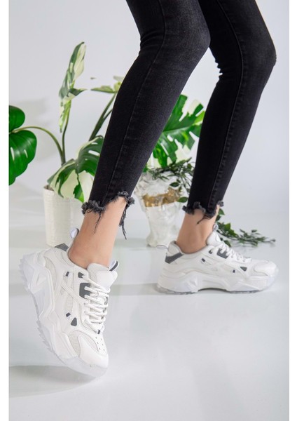 Kadın Yüksek Taban Sneaker Bağcıklı Spor Ayakkabı - Beyaz modelleri