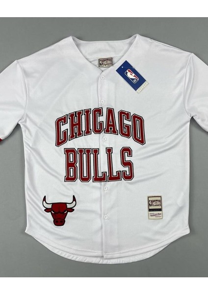 Unisex Bulls Önden Düğmeli T-Shirt Beyaz