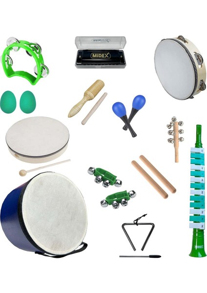 Örf Aletleri Seti Median Paket-3 Maracas Zil Melodika Üçgen Ritim Mızıka Davul Tef (13 Parça)