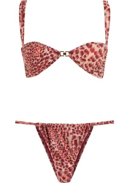 Desenli Aksesuarlı Straplez Bikini Takım