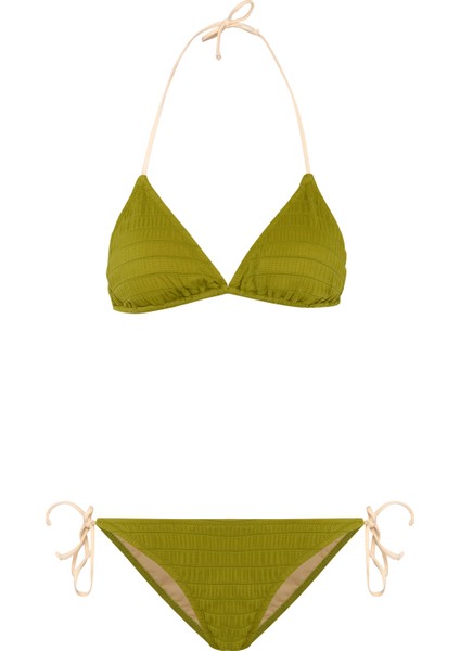 Lastik Örgülü Yağ Yeşili Üçgen Bikini Takım