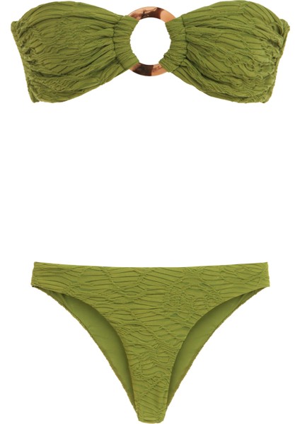 Aksesuarlı Dokulu Yeşil Straplez Bikini Takım