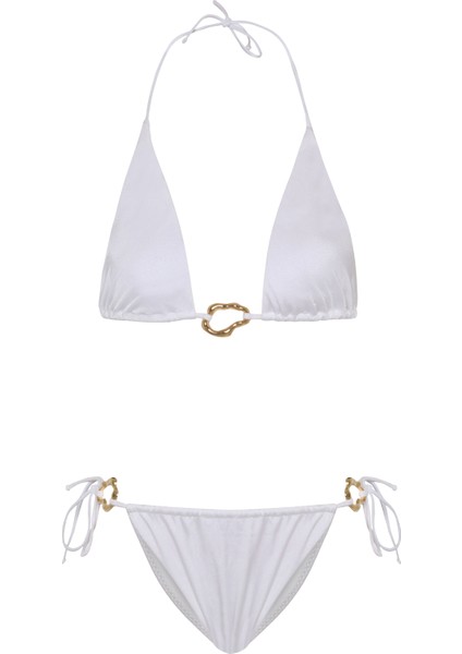 Aksesuarlı Ekru Uzun Üçgen Bikini Takım
