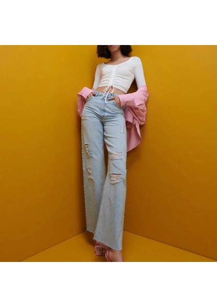 Kadın V-Yaka Önü Büzgülü Uzun Kollu Crop Bluz