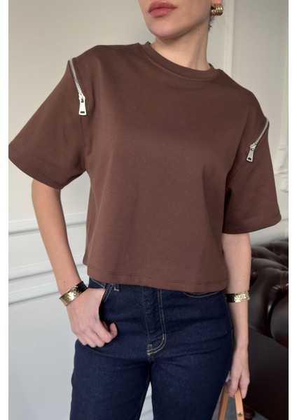 Fermuarlı Vatkalı Tshirt- Kahverengi