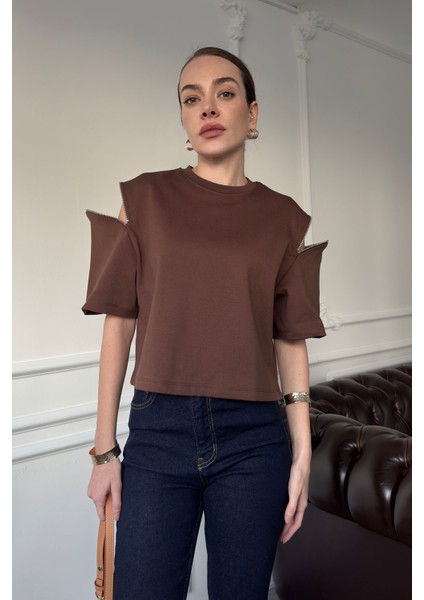Fermuarlı Vatkalı Tshirt- Kahverengi indirimleri