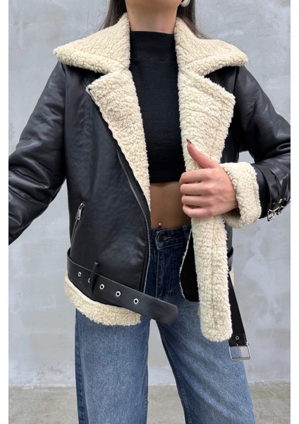 Kadın Içi Kürklü Siyah Kısa Biker Deri Ceket Mont