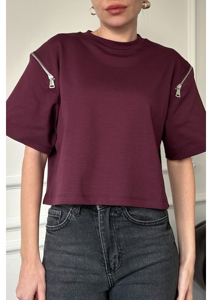 Fermuarlı Vatkalı Tshirt- Bordo