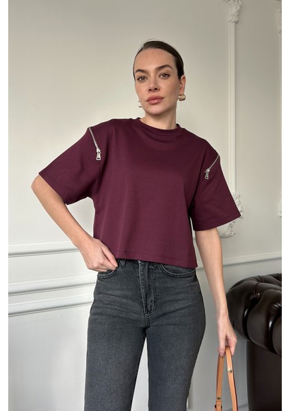 Fermuarlı Vatkalı Tshirt- Bordo fiyatları